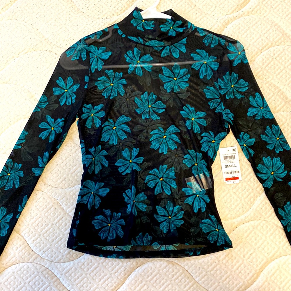 NWT MESH black long sleeve shirt blue/green flowers